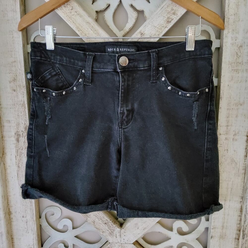 Rock & Republic Women's Embellished Lightly Destructed Raw Hem Denim Shorts